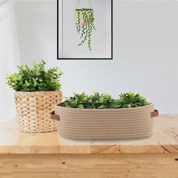Woven Storage Basket for Home Organization | Rectangular Rope Basket with Leather Handle | Multipurpose Organizer for Bathroom, Bedroom, Shelves & Countertop | 13 x 6 x 4 In | Pack of 1