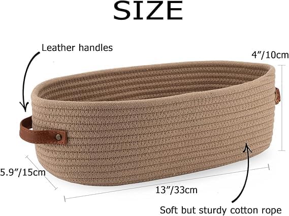 Woven Storage Basket for Home Organization | Rectangular Rope Basket with Leather Handle | Multipurpose Organizer for Bathroom, Bedroom, Shelves & Countertop | 13 x 6 x 4 In | Pack of 1