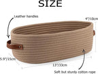 Woven Storage Basket for Home Organization | Rectangular Rope Basket with Leather Handle | Multipurpose Organizer for Bathroom, Bedroom, Shelves & Countertop | 13 x 6 x 4 In | Pack of 1