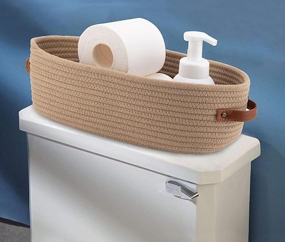 Woven Storage Basket for Home Organization | Rectangular Rope Basket with Leather Handle | Multipurpose Organizer for Bathroom, Bedroom, Shelves & Countertop | 13 x 6 x 4 In | Pack of 1