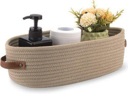 Woven Storage Basket for Home Organization | Rectangular Rope Basket with Leather Handle | Multipurpose Organizer for Bathroom, Bedroom, Shelves & Countertop | 13 x 6 x 4 In | Pack of 1