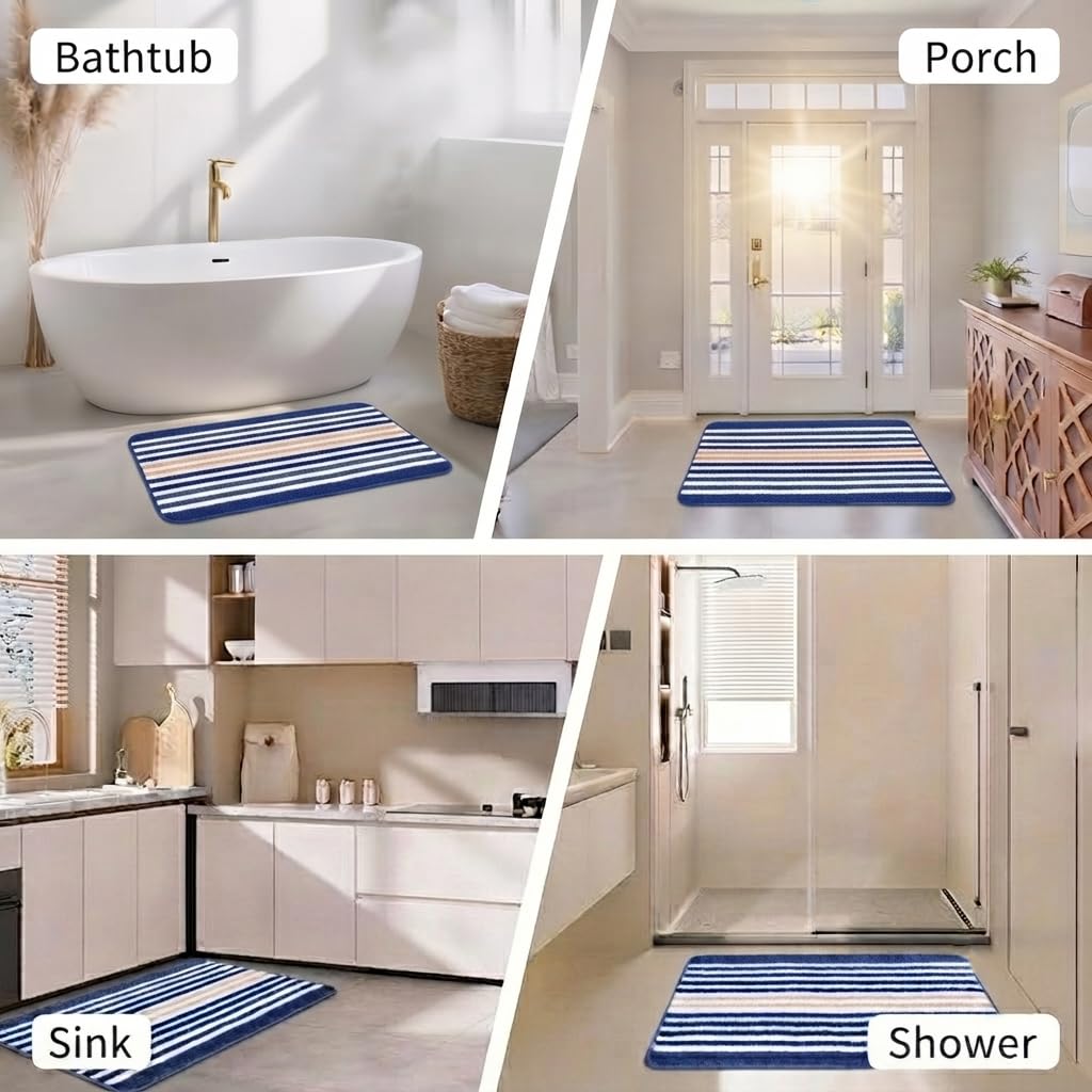 Striped Bath Mat for Bathroom Floor | Soft Absorbent Anti-Skid Bath Rug | Quick Dry Washable Floor Mat | Grey, Blue & Beige | 40x60 cm (Blue)