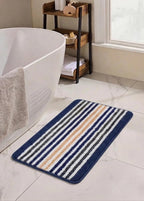 Striped Bath Mat for Bathroom Floor | Soft Absorbent Anti-Skid Bath Rug | Quick Dry Washable Floor Mat | Grey, Blue & Beige | 40x60 cm (Blue)