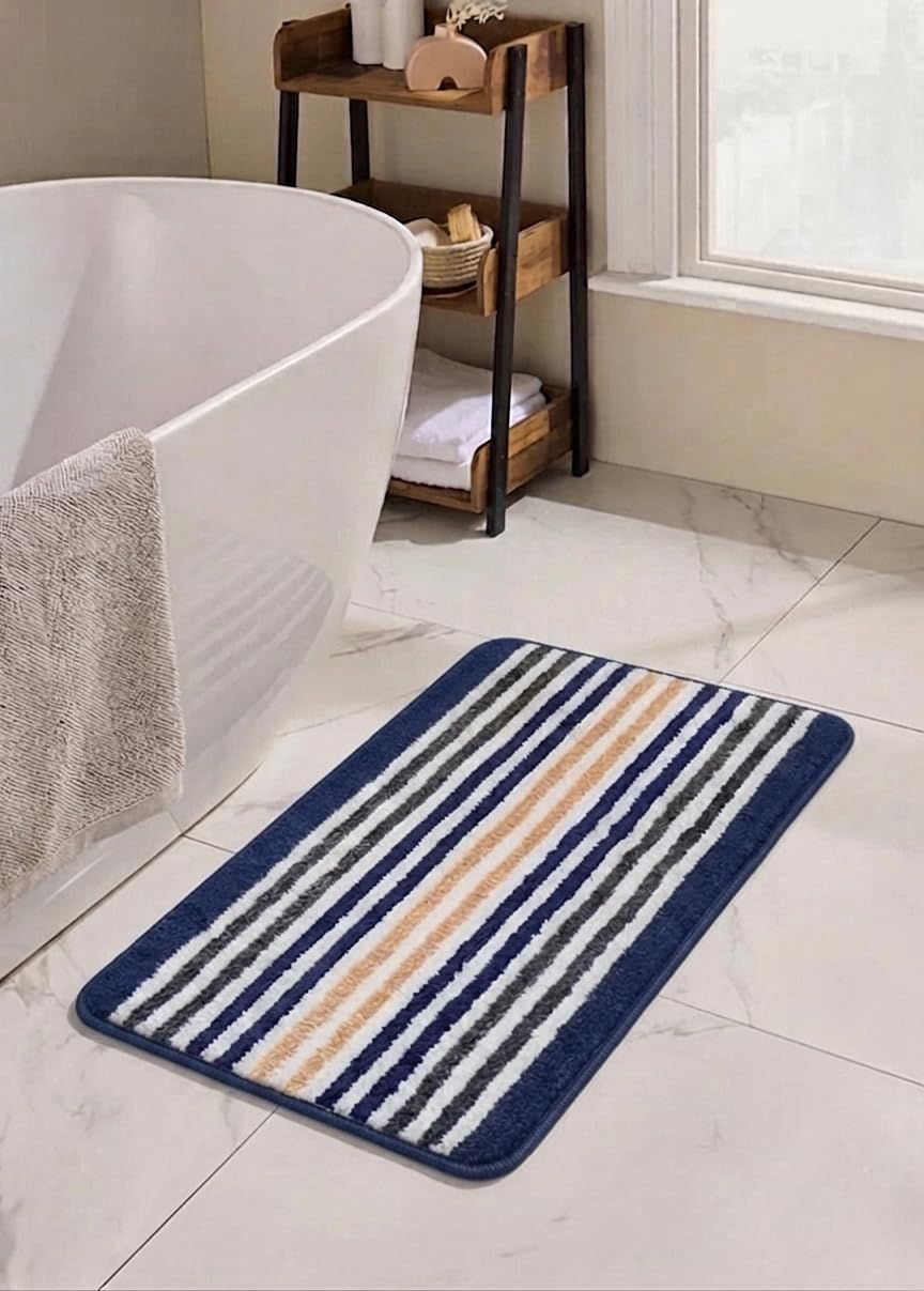 Striped Bath Mat for Bathroom Floor | Soft Absorbent Anti-Skid Bath Rug | Quick Dry Washable Floor Mat | Grey, Blue & Beige | 40x60 cm (Blue)