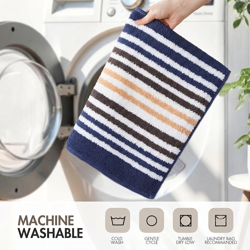 Striped Bath Mat for Bathroom Floor | Soft Absorbent Anti-Skid Bath Rug | Quick Dry Washable Floor Mat | Grey, Blue & Beige | 40x60 cm (Blue)