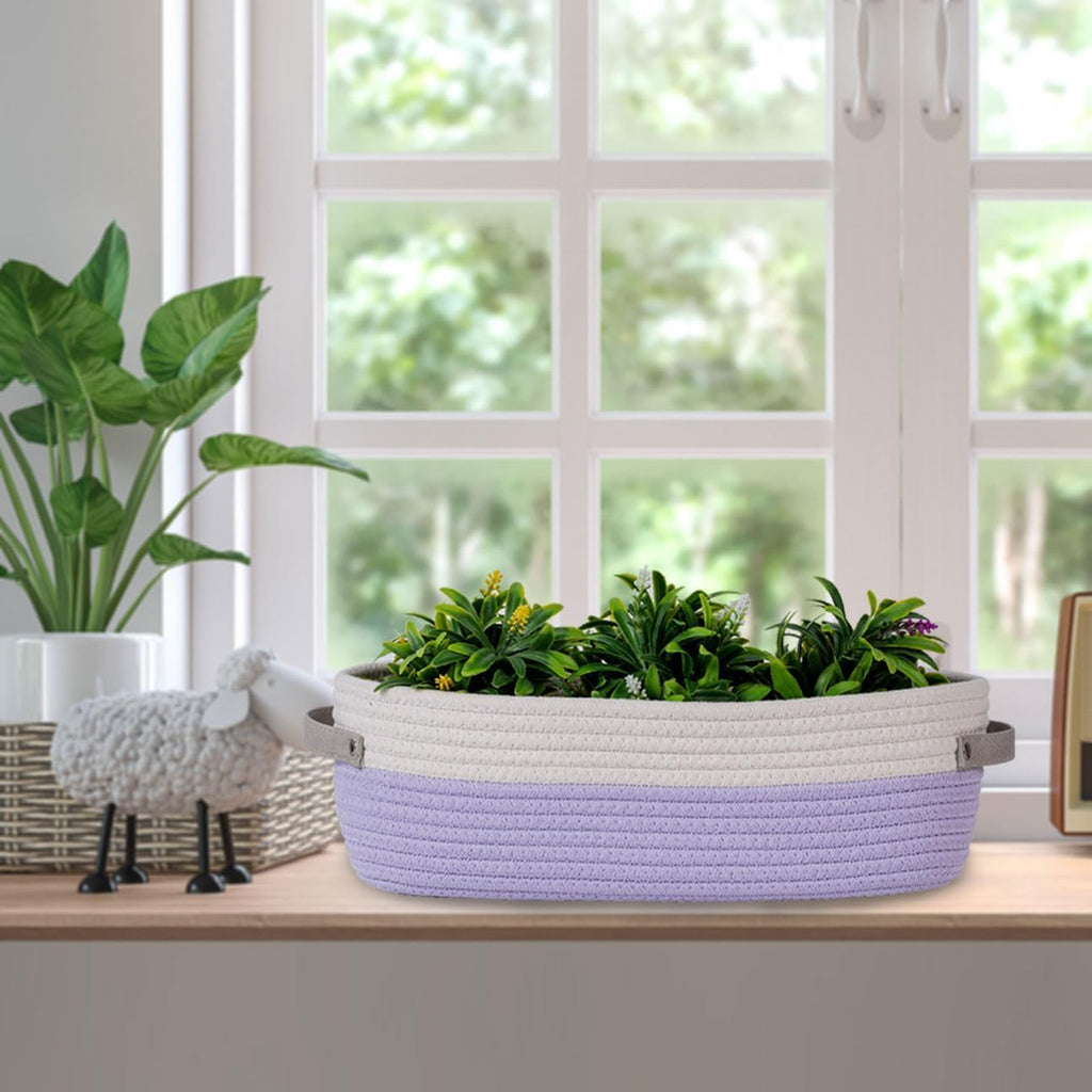 Woven Storage Basket for Home Organization | Rectangular Rope Basket with Leather Handle | Multipurpose Organizer for Bathroom, Bedroom, Shelves & Countertop | 13 x 6 x 4 In | Pack of 1