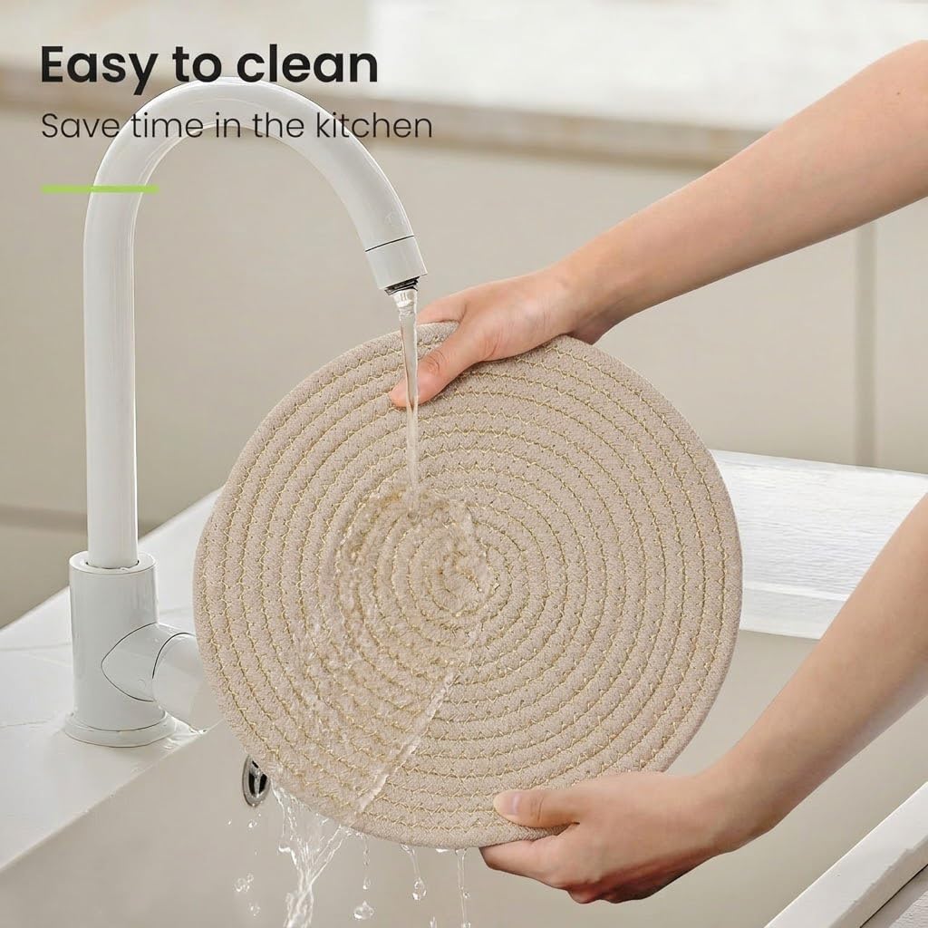 Cotton Round Braided Placemats & Coasters Set, Beige | 6 Placemats (30 cm) + 6 Coasters (11 cm) | Heat Resistant, Eco-Friendly, Easy to Clean | Includes Storage Box (Blue)