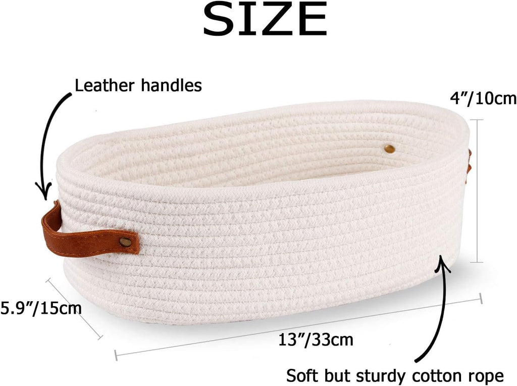 Woven Storage Basket for Home Organization | Rectangular Rope Basket with Leather Handle | Multipurpose Organizer for Bathroom, Bedroom, Shelves & Countertop | 13 x 6 x 4 In | Pack of 1