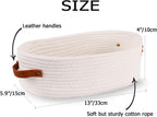 Woven Storage Basket for Home Organization | Rectangular Rope Basket with Leather Handle | Multipurpose Organizer for Bathroom, Bedroom, Shelves & Countertop | 13 x 6 x 4 In | Pack of 1