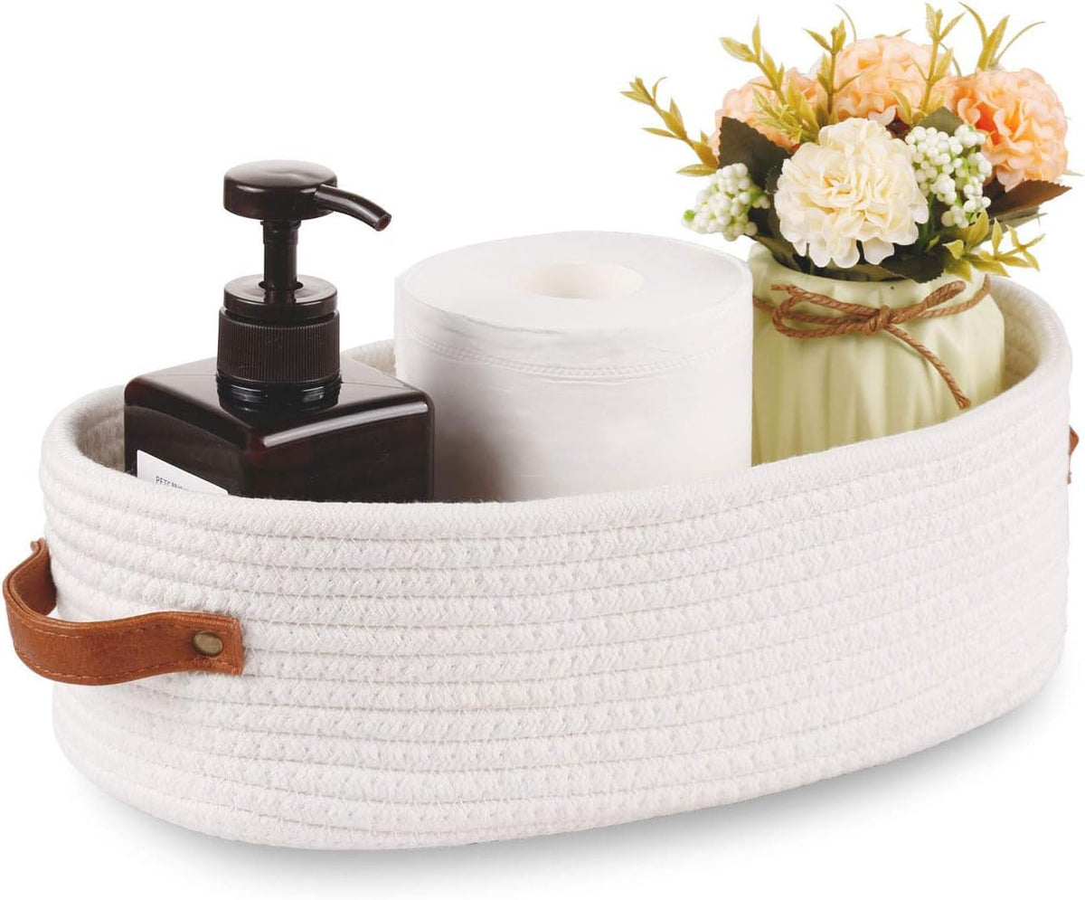 Woven Storage Basket for Home Organization | Rectangular Rope Basket with Leather Handle | Multipurpose Organizer for Bathroom, Bedroom, Shelves & Countertop | 13 x 6 x 4 In | Pack of 1
