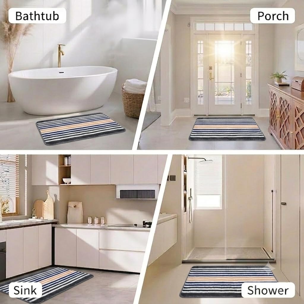 Striped Bath Mat for Bathroom Floor | Soft Absorbent Anti-Skid Bath Rug | Quick Dry Washable Floor Mat | Grey, Blue & Beige | 40x60 cm (Blue)