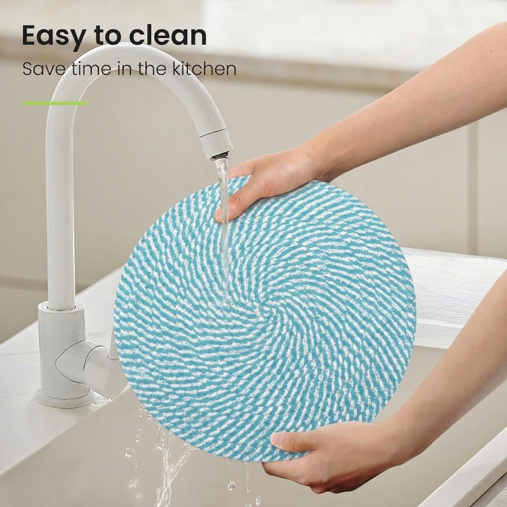 Cotton Round Braided Placemats & Coasters Set, Beige | 6 Placemats (30 cm) + 6 Coasters (11 cm) | Heat Resistant, Eco-Friendly, Easy to Clean | Includes Storage Box (Blue)