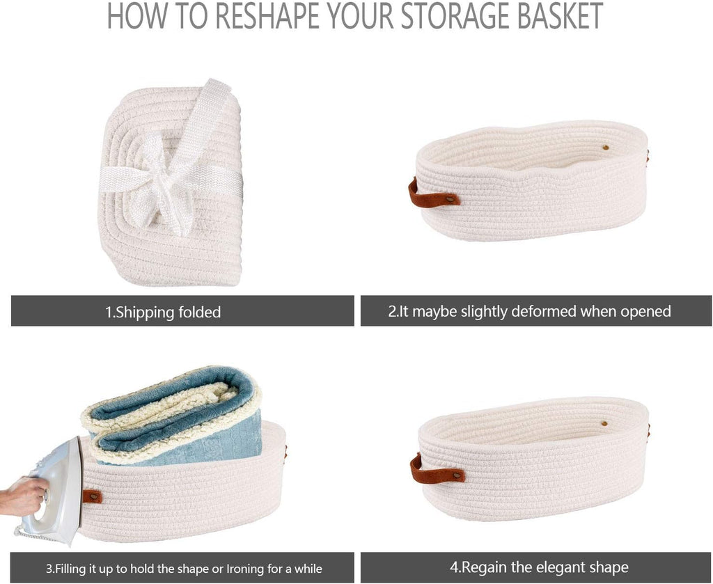 Woven Storage Basket for Home Organization | Rectangular Rope Basket with Leather Handle | Multipurpose Organizer for Bathroom, Bedroom, Shelves & Countertop | 13 x 6 x 4 In | Pack of 1