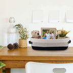 Woven Storage Basket for Home Organization | Rectangular Rope Basket with Leather Handle | Multipurpose Organizer for Bathroom, Bedroom, Shelves & Countertop | 13 x 6 x 4 In | Pack of 1