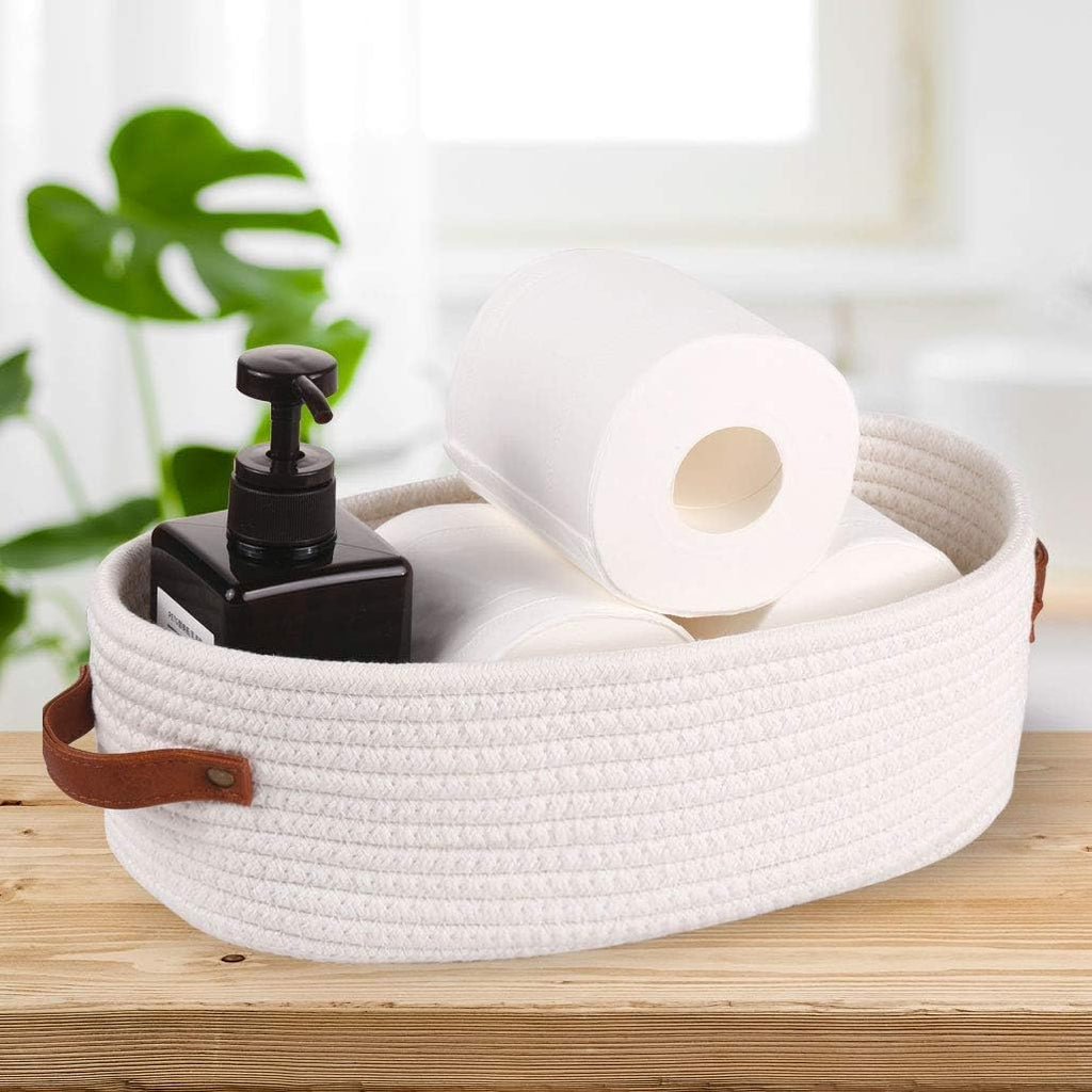 Woven Storage Basket for Home Organization | Rectangular Rope Basket with Leather Handle | Multipurpose Organizer for Bathroom, Bedroom, Shelves & Countertop | 13 x 6 x 4 In | Pack of 1