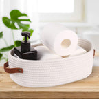 Woven Storage Basket for Home Organization | Rectangular Rope Basket with Leather Handle | Multipurpose Organizer for Bathroom, Bedroom, Shelves & Countertop | 13 x 6 x 4 In | Pack of 1