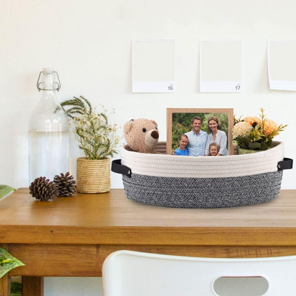 Woven Storage Basket for Home Organization | Rectangular Rope Basket with Leather Handle | Multipurpose Organizer for Bathroom, Bedroom, Shelves & Countertop | 13 x 6 x 4 In | Pack of 1