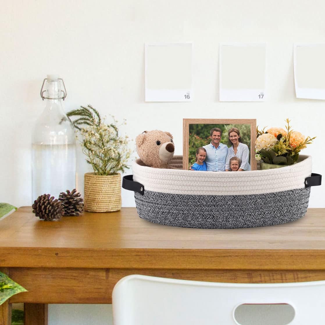 Woven Storage Basket for Home Organization | Rectangular Rope Basket with Leather Handle | Multipurpose Organizer for Bathroom, Bedroom, Shelves & Countertop | 13 x 6 x 4 In | Pack of 1