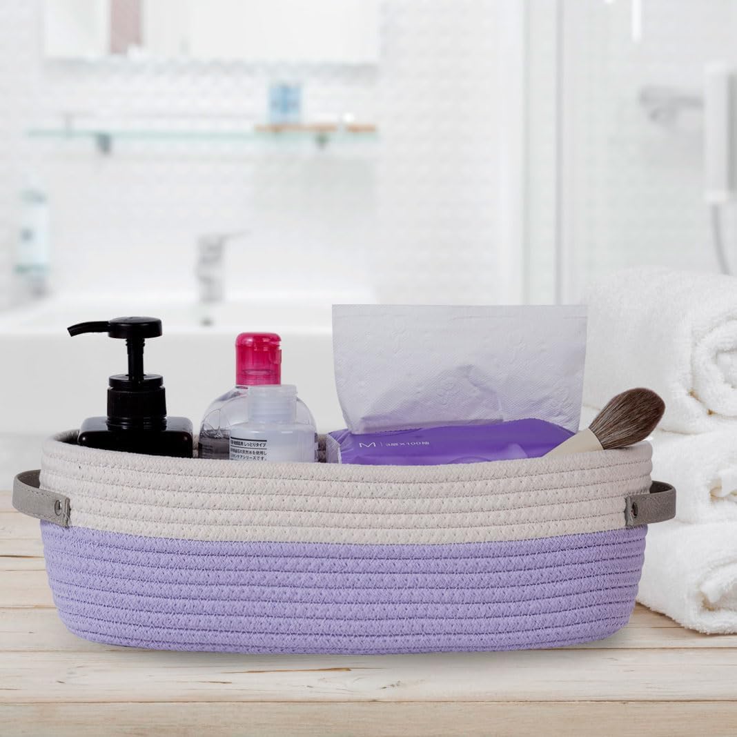 Woven Storage Basket for Home Organization | Rectangular Rope Basket with Leather Handle | Multipurpose Organizer for Bathroom, Bedroom, Shelves & Countertop | 13 x 6 x 4 In | Pack of 1