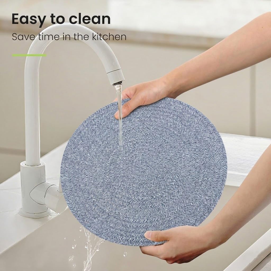 Cotton Round Braided Placemats & Coasters Set, Beige | 6 Placemats (30 cm) + 6 Coasters (11 cm) | Heat Resistant, Eco-Friendly, Easy to Clean | Includes Storage Box (Blue)