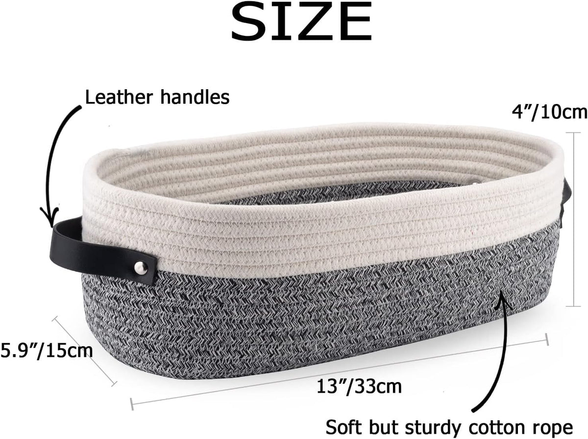 Woven Storage Basket for Home Organization | Rectangular Rope Basket with Leather Handle | Multipurpose Organizer for Bathroom, Bedroom, Shelves & Countertop | 13 x 6 x 4 In | Pack of 1