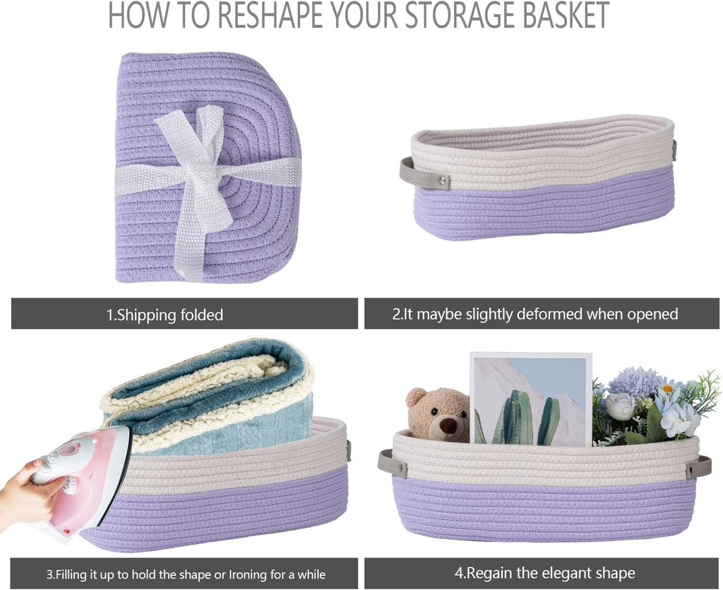 Woven Storage Basket for Home Organization | Rectangular Rope Basket with Leather Handle | Multipurpose Organizer for Bathroom, Bedroom, Shelves & Countertop | 13 x 6 x 4 In | Pack of 1