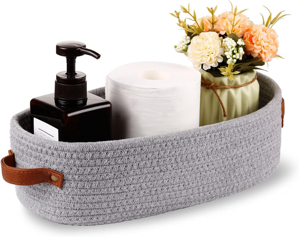 Woven Storage Basket for Home Organization | Rectangular Rope Basket with Leather Handle | Multipurpose Organizer for Bathroom, Bedroom, Shelves & Countertop | 13 x 6 x 4 In | Pack of 1