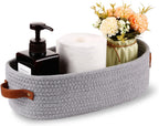 Woven Storage Basket for Home Organization | Rectangular Rope Basket with Leather Handle | Multipurpose Organizer for Bathroom, Bedroom, Shelves & Countertop | 13 x 6 x 4 In | Pack of 1