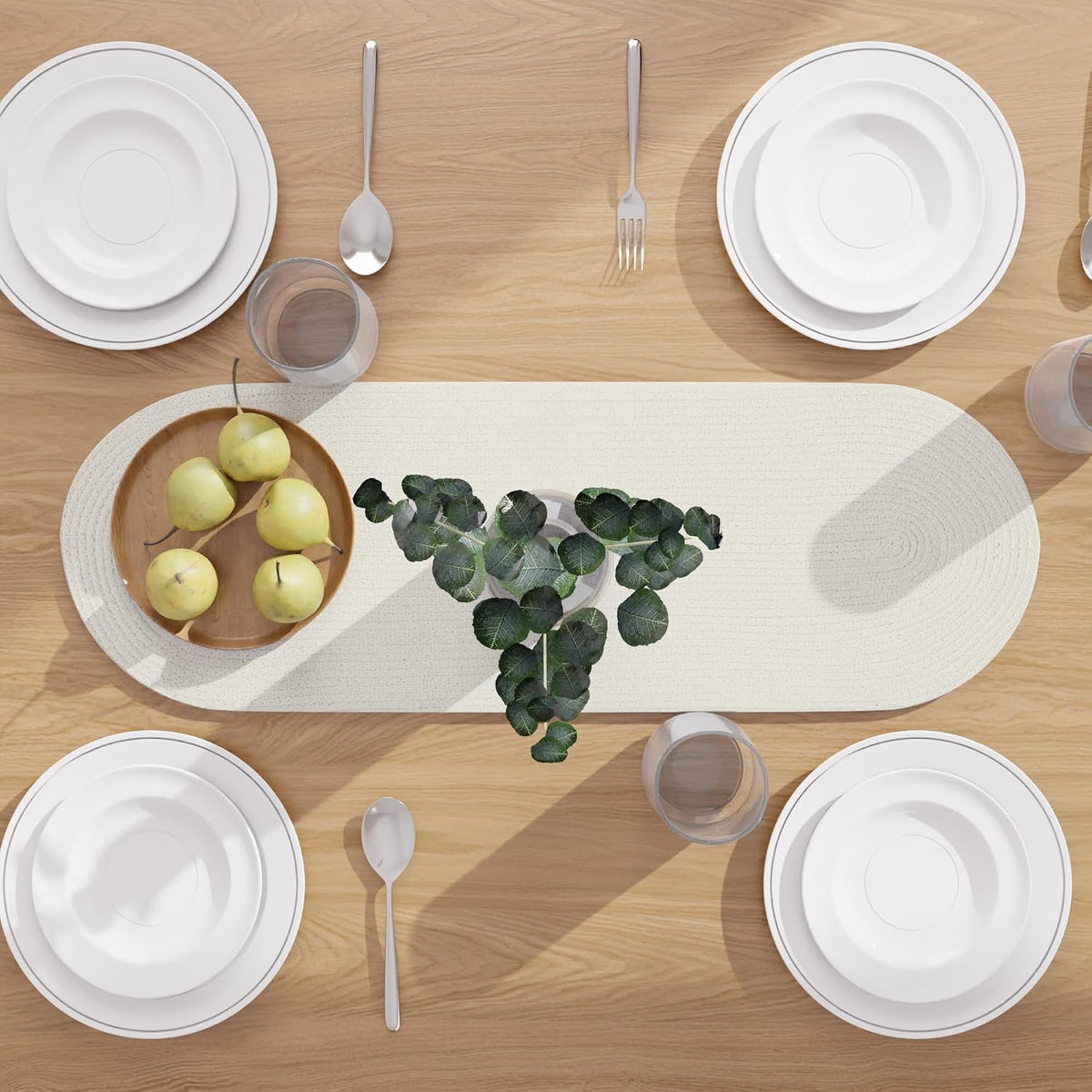 Table Runner Oval, Linen Textured Table Runner for Dining Table, 30x91 cm Farmhouse Boho Table Decor for Home Kitchen, Everyday Wedding Party Holiday Table Setting (Beige & Off-White)