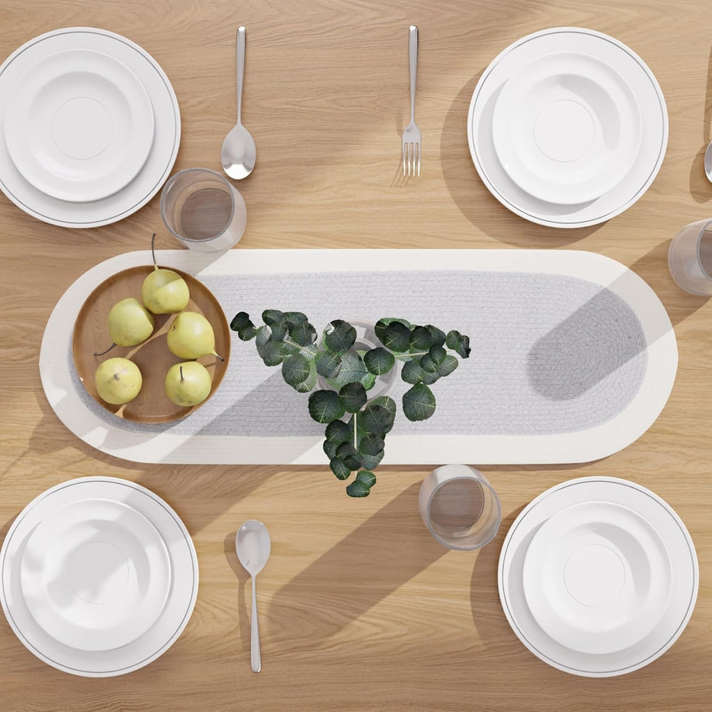 Table Runner Oval, Linen Textured Table Runner for Dining Table, 30x91 cm Farmhouse Boho Table Decor for Home Kitchen, Everyday Wedding Party Holiday Table Setting (Beige & Off-White)