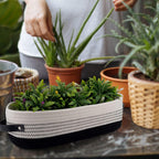 Woven Storage Basket for Home Organization | Rectangular Rope Basket with Leather Handle | Multipurpose Organizer for Bathroom, Bedroom, Shelves & Countertop | 13 x 6 x 4 In | Pack of 1