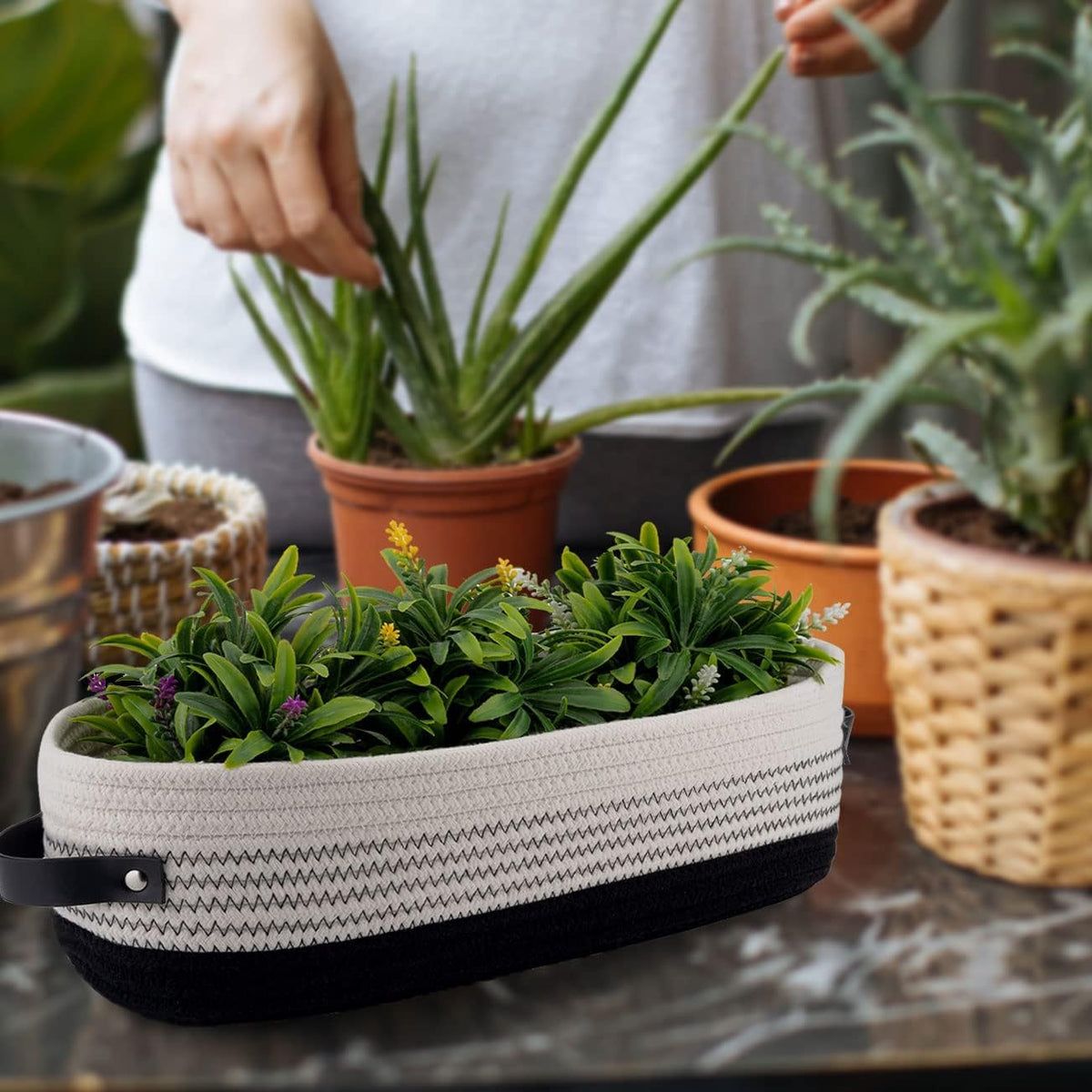 Woven Storage Basket for Home Organization | Rectangular Rope Basket with Leather Handle | Multipurpose Organizer for Bathroom, Bedroom, Shelves & Countertop | 13 x 6 x 4 In | Pack of 1