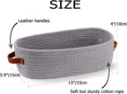 Woven Storage Basket for Home Organization | Rectangular Rope Basket with Leather Handle | Multipurpose Organizer for Bathroom, Bedroom, Shelves & Countertop | 13 x 6 x 4 In | Pack of 1