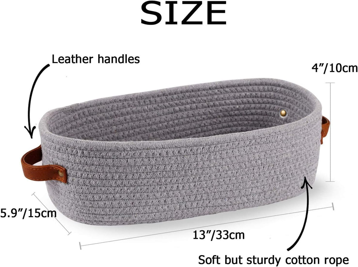 Woven Storage Basket for Home Organization | Rectangular Rope Basket with Leather Handle | Multipurpose Organizer for Bathroom, Bedroom, Shelves & Countertop | 13 x 6 x 4 In | Pack of 1