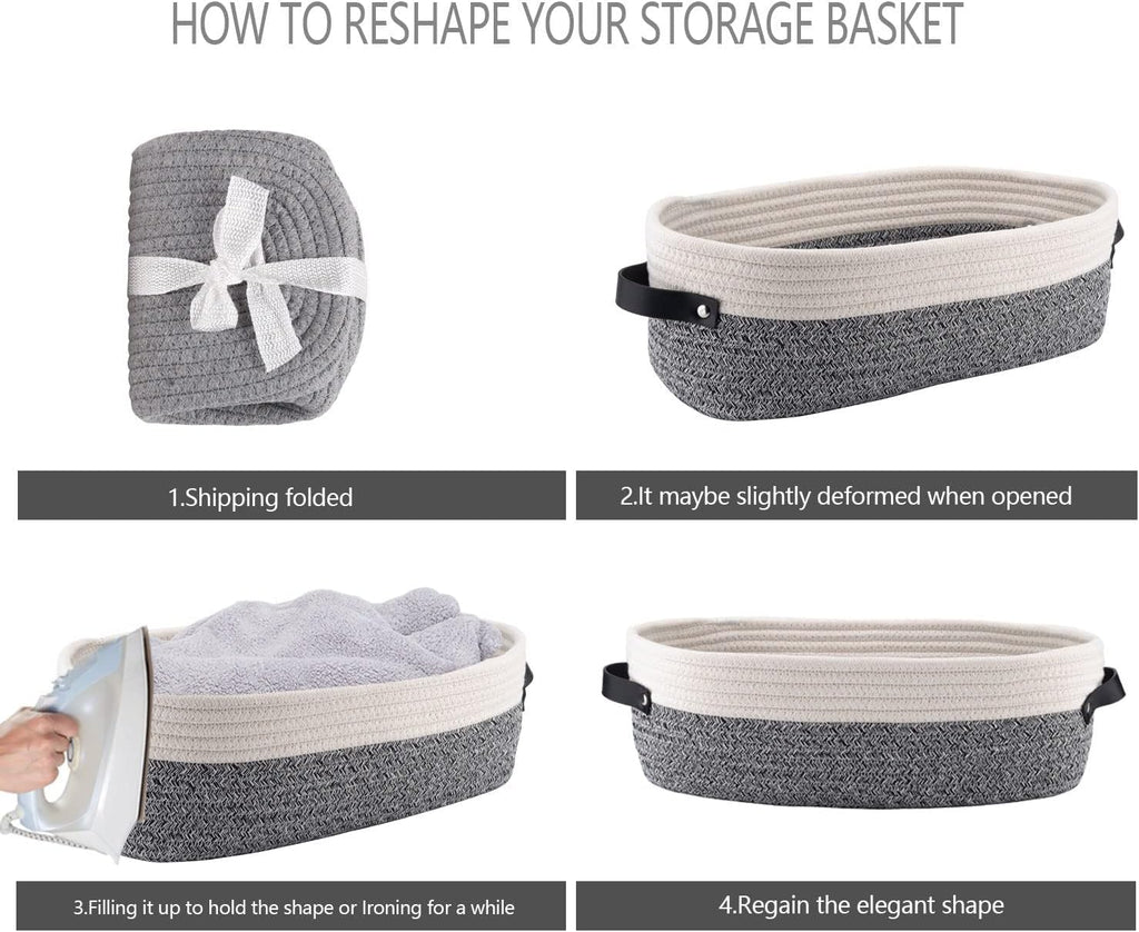 Woven Storage Basket for Home Organization | Rectangular Rope Basket with Leather Handle | Multipurpose Organizer for Bathroom, Bedroom, Shelves & Countertop | 13 x 6 x 4 In | Pack of 1