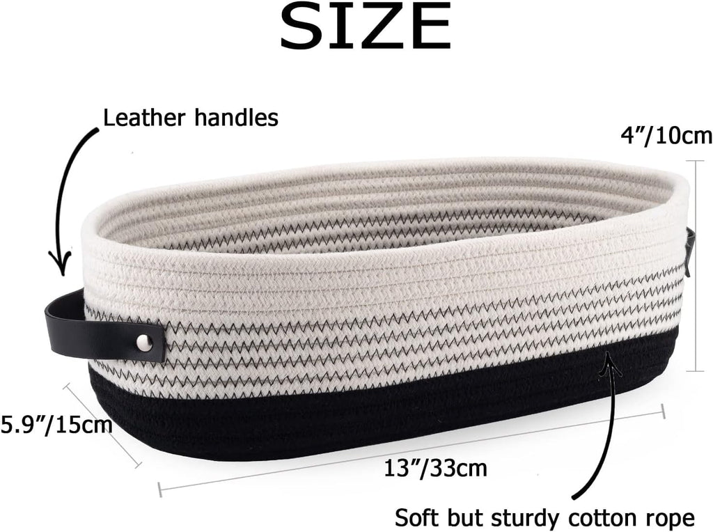 Woven Storage Basket for Home Organization | Rectangular Rope Basket with Leather Handle | Multipurpose Organizer for Bathroom, Bedroom, Shelves & Countertop | 13 x 6 x 4 In | Pack of 1