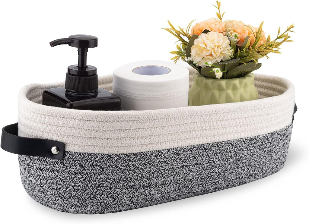 Woven Storage Basket for Home Organization | Rectangular Rope Basket with Leather Handle | Multipurpose Organizer for Bathroom, Bedroom, Shelves & Countertop | 13 x 6 x 4 In | Pack of 1