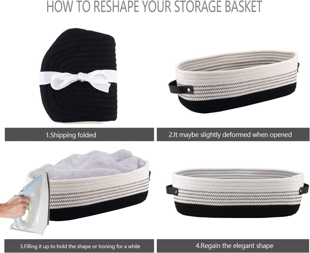 Woven Storage Basket for Home Organization | Rectangular Rope Basket with Leather Handle | Multipurpose Organizer for Bathroom, Bedroom, Shelves & Countertop | 13 x 6 x 4 In | Pack of 1