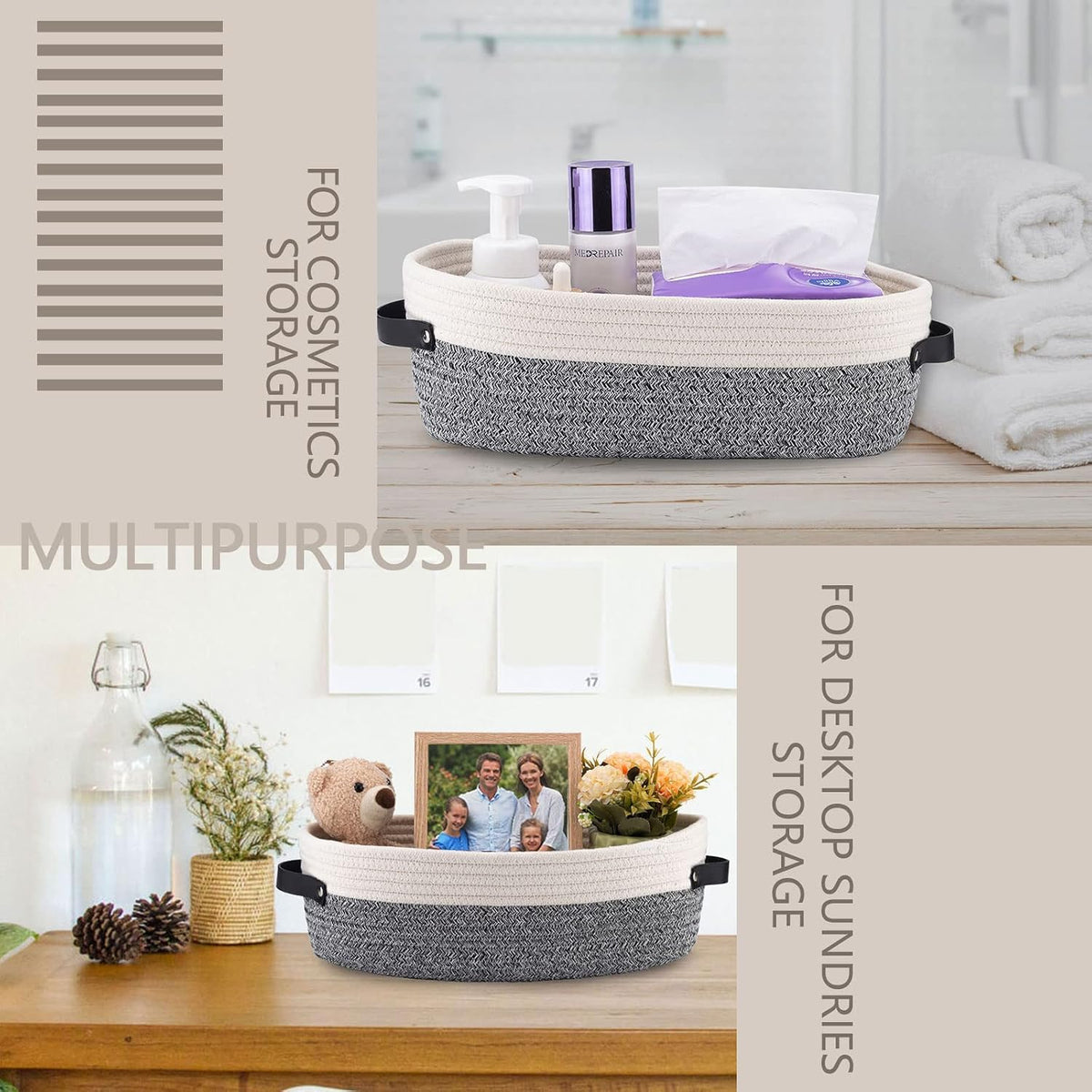 Woven Storage Basket for Home Organization | Rectangular Rope Basket with Leather Handle | Multipurpose Organizer for Bathroom, Bedroom, Shelves & Countertop | 13 x 6 x 4 In | Pack of 1