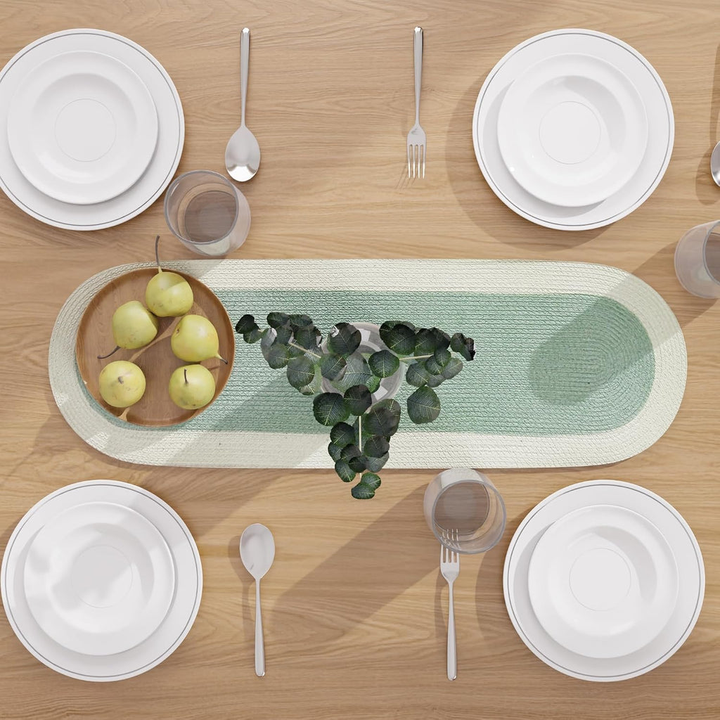 Table Runner Oval, Linen Textured Table Runner for Dining Table, 30x91 cm Farmhouse Boho Table Decor for Home Kitchen, Everyday Wedding Party Holiday Table Setting (Beige & Off-White)
