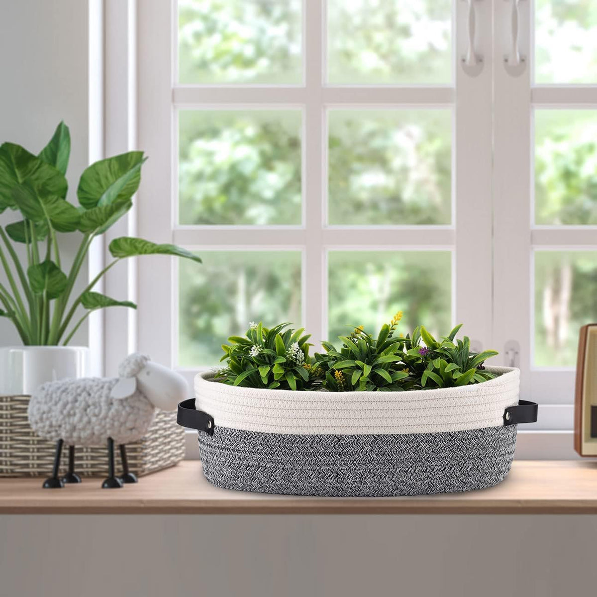 Woven Storage Basket for Home Organization | Rectangular Rope Basket with Leather Handle | Multipurpose Organizer for Bathroom, Bedroom, Shelves & Countertop | 13 x 6 x 4 In | Pack of 1