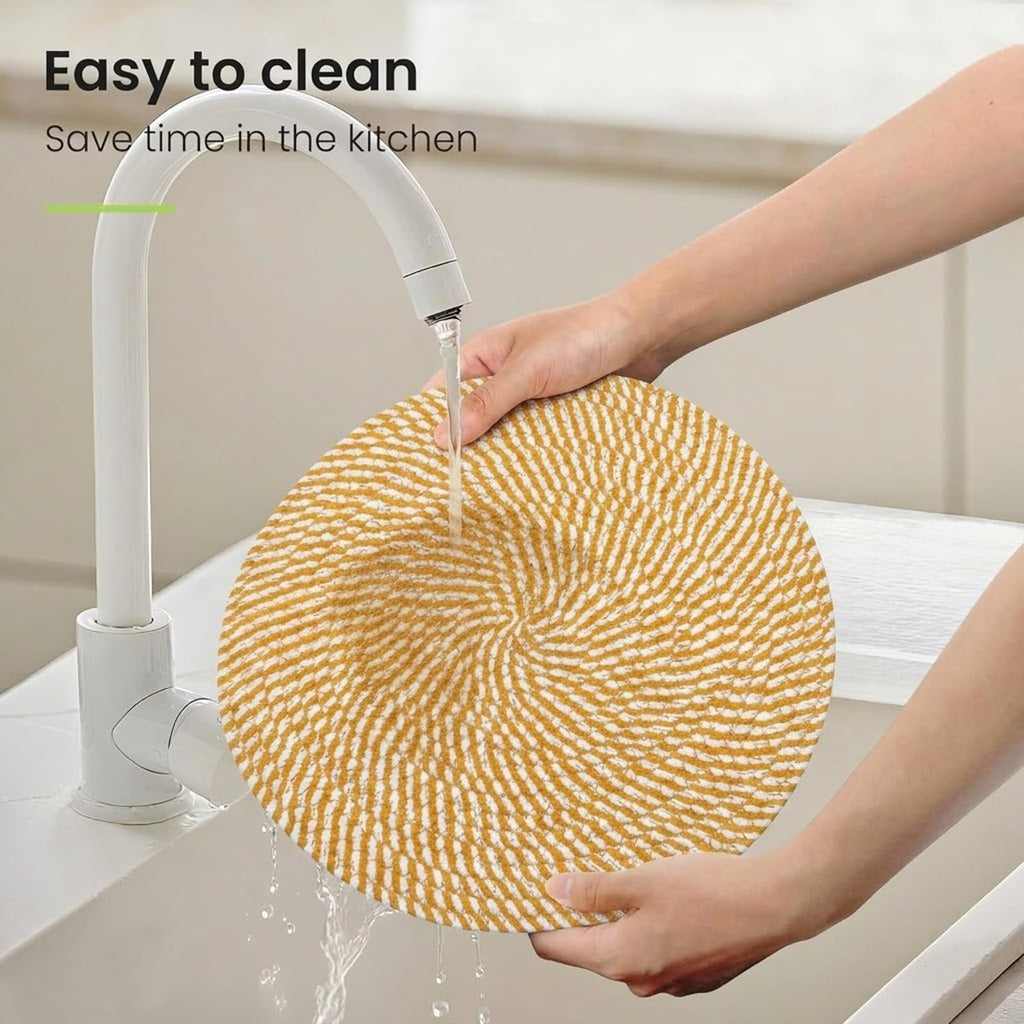 Cotton Round Braided Placemats & Coasters Set, Beige | 6 Placemats (30 cm) + 6 Coasters (11 cm) | Heat Resistant, Eco-Friendly, Easy to Clean | Includes Storage Box (Blue)