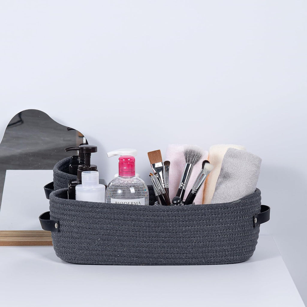 Woven Storage Basket for Home Organization | Rectangular Rope Basket with Leather Handle | Multipurpose Organizer for Bathroom, Bedroom, Shelves & Countertop | 13 x 6 x 4 In | Pack of 1