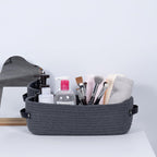 Woven Storage Basket for Home Organization | Rectangular Rope Basket with Leather Handle | Multipurpose Organizer for Bathroom, Bedroom, Shelves & Countertop | 13 x 6 x 4 In | Pack of 1