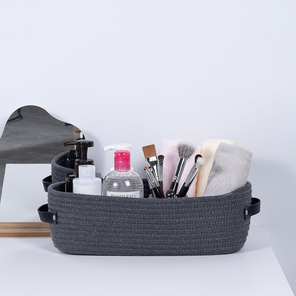 Woven Storage Basket for Home Organization | Rectangular Rope Basket with Leather Handle | Multipurpose Organizer for Bathroom, Bedroom, Shelves & Countertop | 13 x 6 x 4 In | Pack of 1
