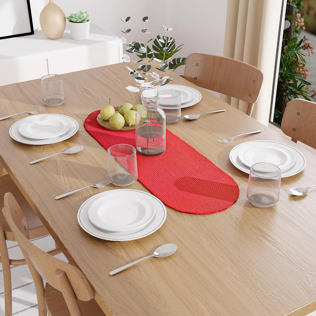 Table Runner Oval, Linen Textured Table Runner for Dining Table, 30x91 cm Farmhouse Boho Table Decor for Home Kitchen, Everyday Wedding Party Holiday Table Setting (Beige & Off-White)