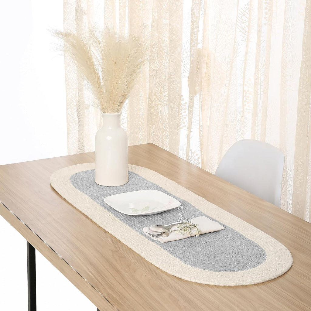 Table Runner Oval, Linen Textured Table Runner for Dining Table, 30x91 cm Farmhouse Boho Table Decor for Home Kitchen, Everyday Wedding Party Holiday Table Setting (Beige & Off-White)