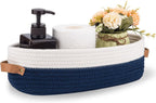 Woven Storage Basket for Home Organization | Rectangular Rope Basket with Leather Handle | Multipurpose Organizer for Bathroom, Bedroom, Shelves & Countertop | 13 x 6 x 4 In | Pack of 1