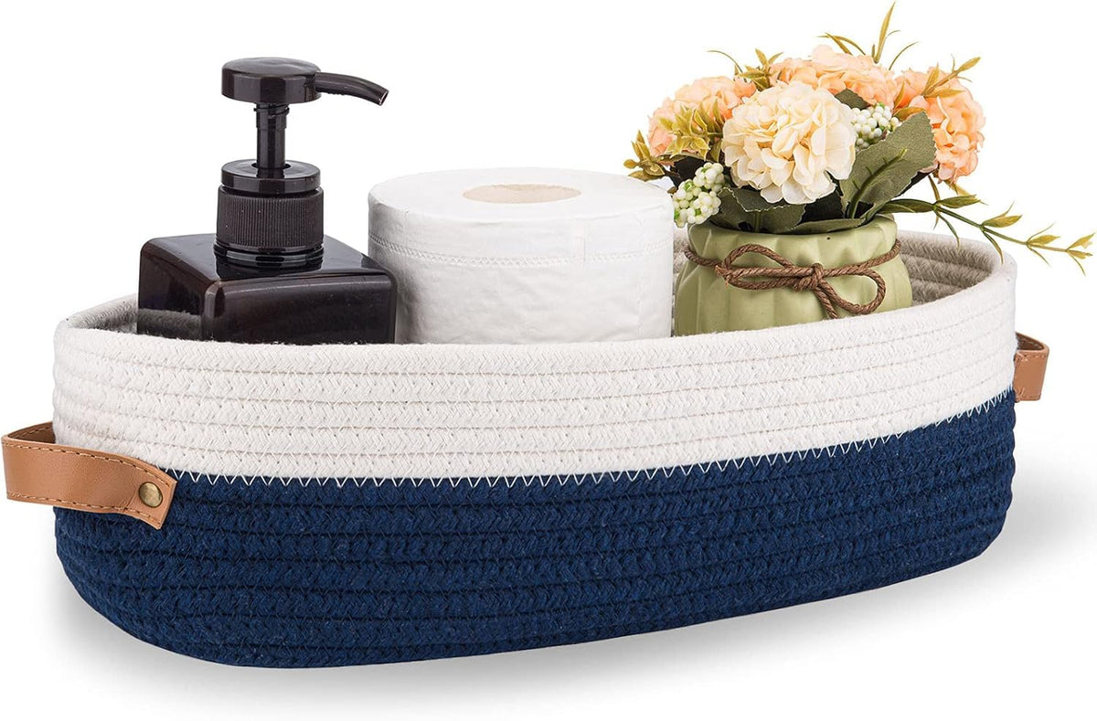 Woven Storage Basket for Home Organization | Rectangular Rope Basket with Leather Handle | Multipurpose Organizer for Bathroom, Bedroom, Shelves & Countertop | 13 x 6 x 4 In | Pack of 1