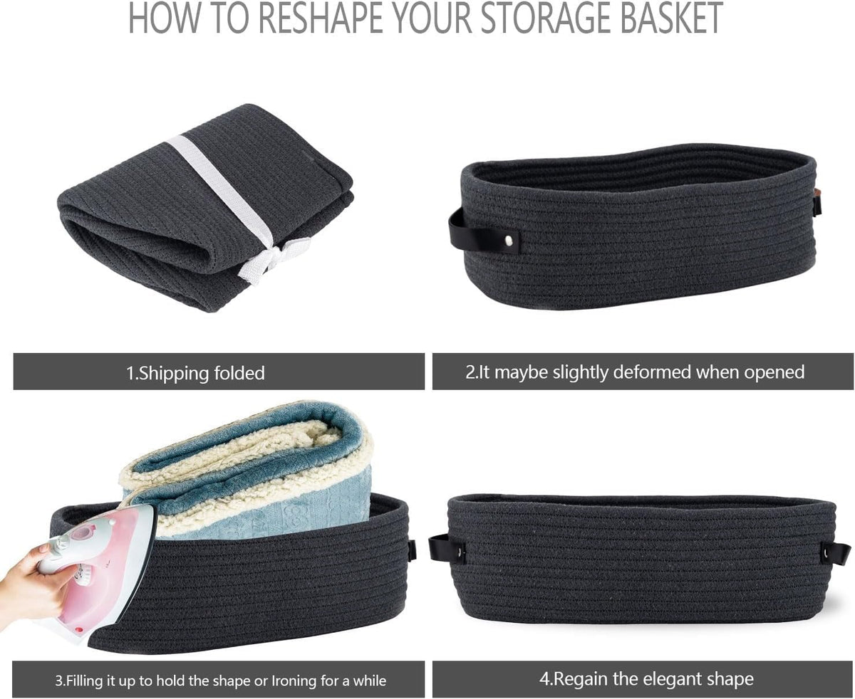 Woven Storage Basket for Home Organization | Rectangular Rope Basket with Leather Handle | Multipurpose Organizer for Bathroom, Bedroom, Shelves & Countertop | 13 x 6 x 4 In | Pack of 1